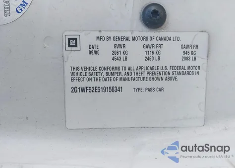 2001 Chevrolet Impala z USA, uszkodzony, nr VIN 2G1WF52E519156341